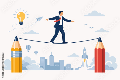 Creative business solution concept with businessman walking on tightrope between giant pencils symbolizing balance, risk, and innovation with lightbulb, rocket launch, and city skyline background.