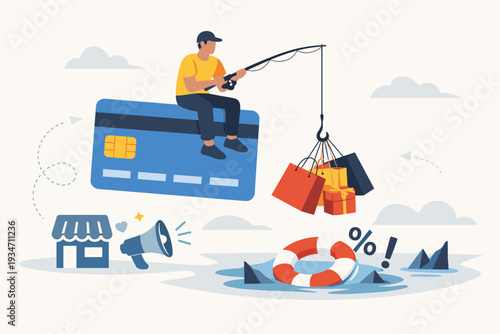 Consumerism and Marketing Luring People to Shop with Credit Card Debt Risk Concept, Man Sitting on Credit Card Fishing for Shopping Bags over Dangerous Water with Sharks and Lifebuoy Vector