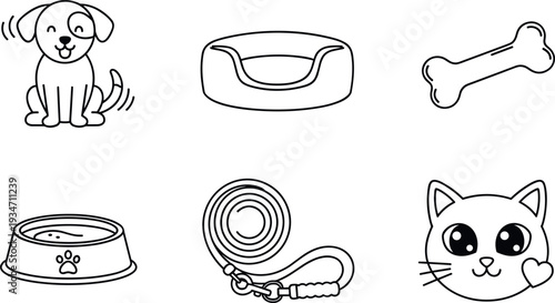  cute hand drawn pet supplies and animals outline icons set