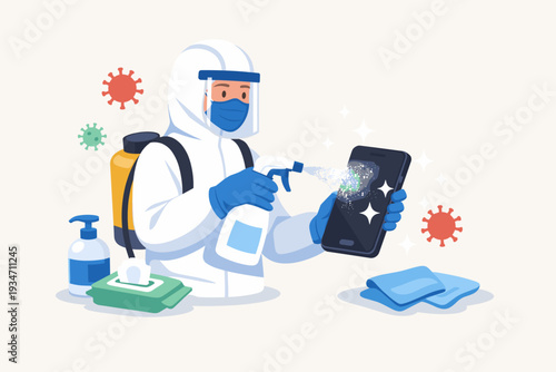Person in Protective Hazmat Suit Disinfecting Smartphone with Sanitizer Spray to Prevent Coronavirus Spread, COVID-19 Hygiene Concept with Cleaning Supplies, Wipes, and Health Safety Equipment.