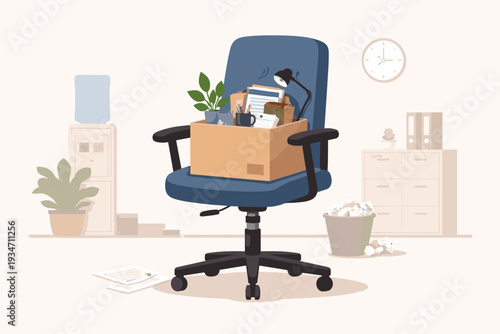 Dismissed Staff Layoff and Unemployed Employee Losing Job or Being Fired Concept with Cardboard Box Full of Personal Belongings on Office Chair, Career Transition, Resignation, and Retirement.