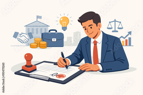Professional businessman signing a legal contract for company registration and starting a new business with icons for ideas, capital, handshake, and growth in the background illustration.