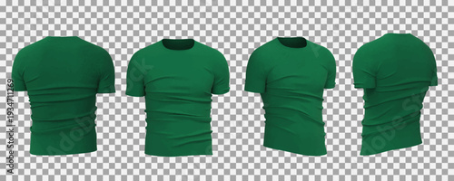 Green blank t-shirt mockup in multiple angles, front, back and side views isolated on transparent background.