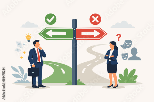 Fact vs Myth Concept with Business People Standing at Crossroads Choosing Between Truth and Falsehood, Right and Wrong Direction, Decision Making Strategy and Ethics Vector Illustration.