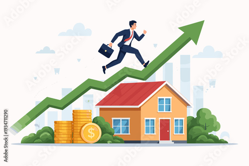 Housing Price Rising Up Real Estate or Property Growth Concept with Businessman Running on Rising Green Arrow Above a House and Money, Representing Financial Success and Market Value Increase.