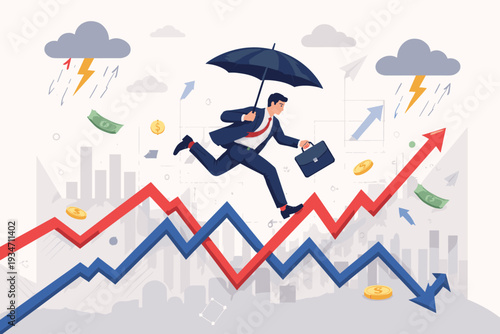 Businessman with Umbrella Running on Volatile Stock Market Chart, Concept of Financial Risk Management, Investment Resilience, Economic Crisis Survival, and Thriving Amidst Market Fluctuations.