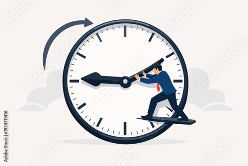Businessman Pushing Clock Hand Backwards to Turn Back Time, Concept of Deadline Pressure, Fixing Past Mistakes, Second Chance, Time Management, Daylight Savings Time, and Urgency in Business Career.