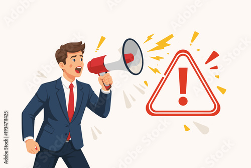 Businessman in a suit shouting into a megaphone with a large red warning triangle and exclamation mark, representing an emergency alert, important announcement, or danger notification vector.