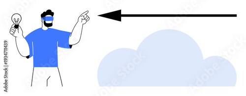 Cloud computing concept. A modern illustration of a man holding a light bulb next to a cloud and arrow, ideas and technology in cloud computing. For innovation, creativity, cloud services