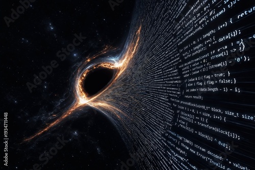 Futuristic technology background with data stream and copy space. Black hole and digital code symbolize artificial intelligence, cybersecurity and big data processing.