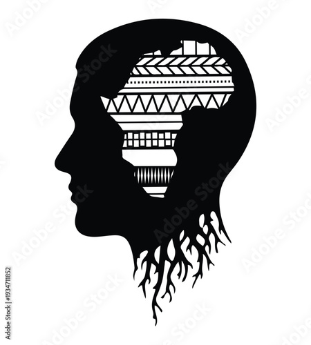 Black Silhouette of Human Head with Africa Map and Roots Vector