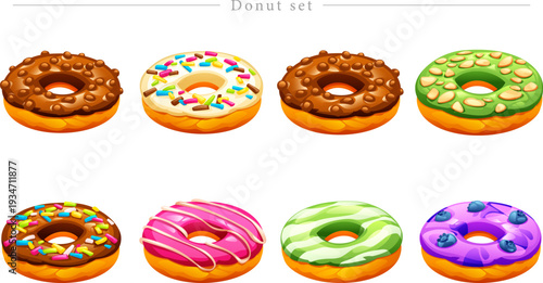 Eight Decorated Donut Vector Illustrations Set With Semi Realistic 3D Glaze Sprinkles And Fruit Toppings