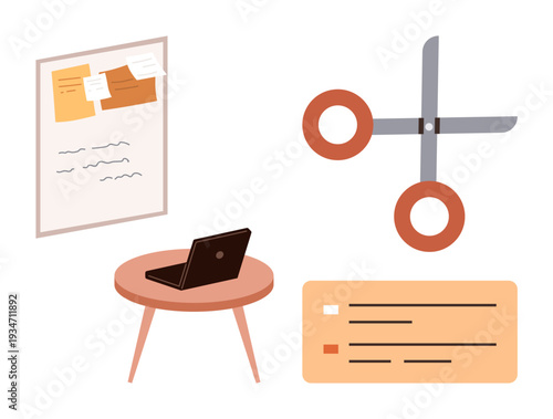 Office management, creativity, project planning, remote work, task organization, productivity. Workspace items including a laptop, scissors and a pinboard. Office management and creativity concept