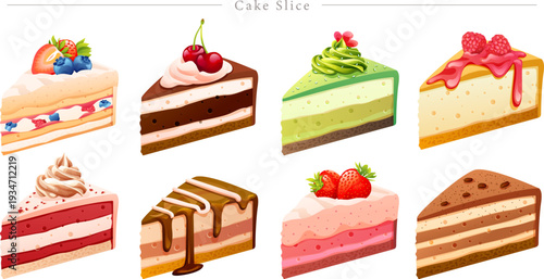 Cake Slice Vector Illustrations Set With Gourmet Desserts Layered Textures Fruit Toppings And Chocolate Drizzle