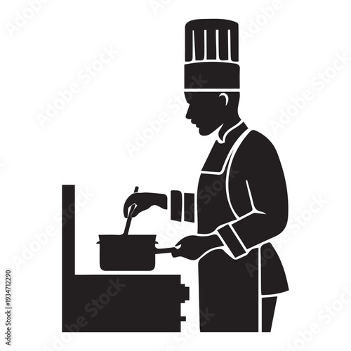 Black silhouette of male chef cooking at stove vector