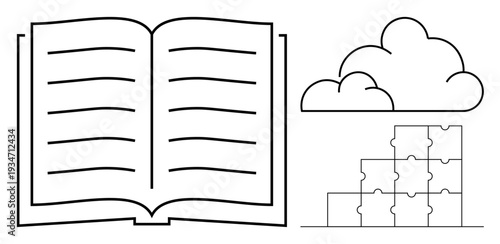 Education concept. Education symbols include an open book, cloud, and puzzle pieces in outline style. Education connects knowledge, learning, and problem-solving. For e-learning, academic content