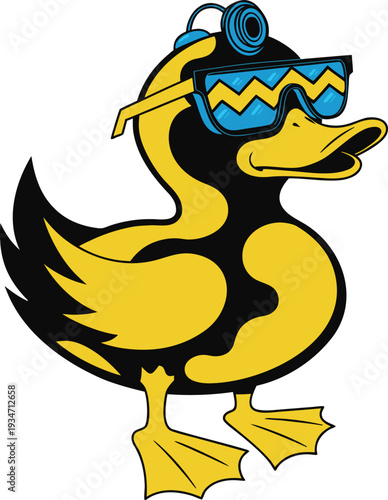 Cool Rubber Duck Character with Sunglasses and Headphones - Vector Mascot