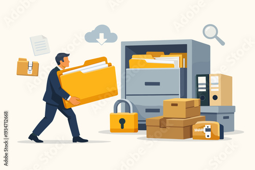 Businessman carrying a large yellow folder to a filing cabinet for document management, data archiving, and information storage. Concept of office organization, cloud backup, and data security.