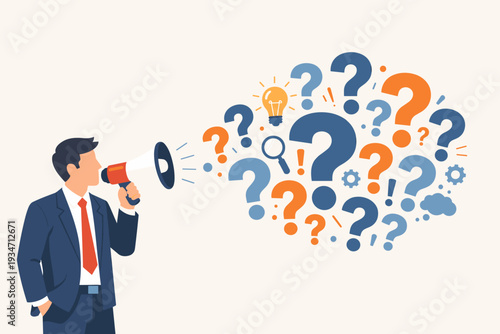 Professional businessman speaking through a megaphone with a cloud of question marks, lightbulb, and gears. Concept of asking questions, seeking solutions, problem solving, and communication.