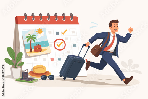 Happy Businessman Running with Suitcase for Annual Leave Vacation, Large Calendar with Beach Photo, Sunglasses, and Hat, Concept of Taking a Day Off, Work-Life Balance, and Holiday Planning.