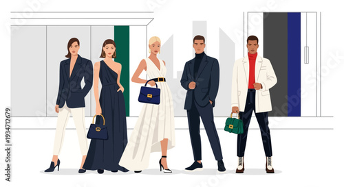 Fashionable people standing in line.