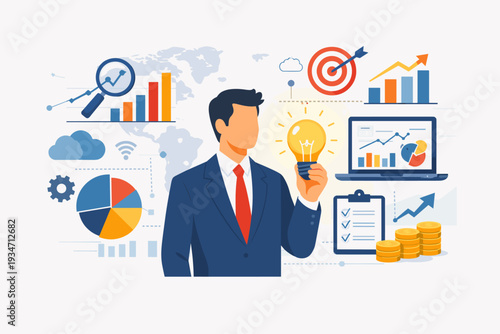 Business Intelligence and Data Analysis for Insightful Decision Making and Success; Businessman Holding a Glowing Lightbulb Surrounded by Financial Charts, Graphs, Global Map, and Analytics Tools