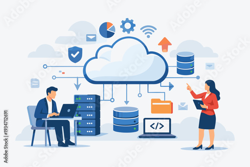 Cloud Computing Service and Online Network Server Database System for Digital Information Connection and Storage, Business Professionals Managing Data Infrastructure, Security, and Web Hosting