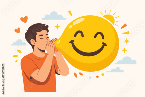 Man blowing a large yellow smiley face balloon to maximize happiness and let go of anxiety, conceptual vector illustration of positive thinking, mental health, joy, optimism, and self-care.