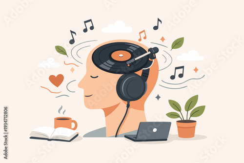 Vector illustration of a person listening to music while studying or working with a vinyl record player inside their head, headphones, coffee, book, and laptop for relaxation and mental focus.