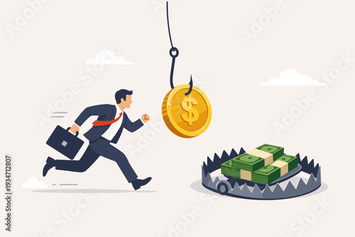 Businessman running towards gold coin on a hook and cash in a bear trap, vector illustration of financial risk, greed, bait and switch, business incentive, motivation, and deceptive trap.