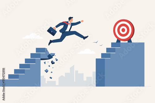 Businessman jumping over a gap between crumbling stairs to reach a target, representing overcoming obstacles, career growth, risk-taking, and the challenge of achieving success in business.