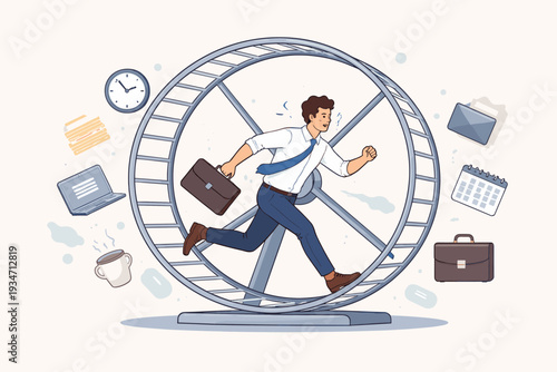 Businessman Running in a Giant Hamster Wheel Representing the Corporate Rat Race, Work Burnout, and Endless Daily Routine Fatigue, Concept of Overwork, Stress, and Lack of Career Path Progression