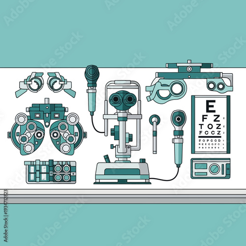 Essential Eye Care Instruments and Vision Testing Tools Displayed on a Clean Background