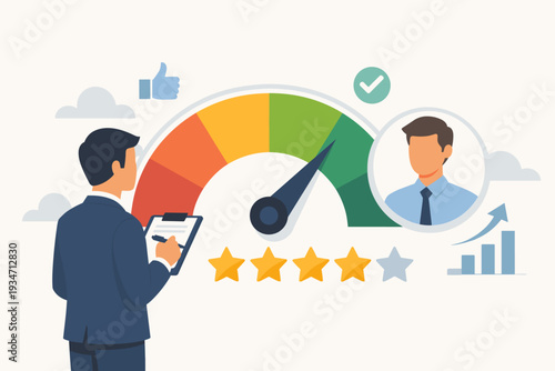 Business performance review and employee evaluation concept with manager assessing candidate quality using a rating scale, gauge meter, stars, and feedback icons for career growth and HR.