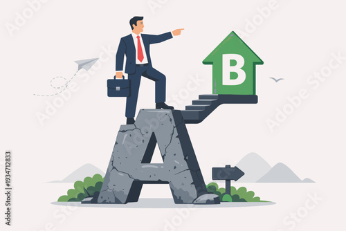 Businessman Standing on Stone Letter A Pointing to Green House with Letter B, Representing Plan B Alternative Strategy, Business Backup Plan, Secondary Solution for Emergency Success Strategy.