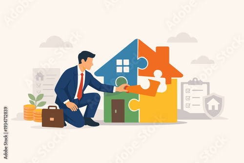 Businessman building house puzzle for real estate investment, mortgage loan planning, property maintenance, home renovation, and financial strategy for buying a new home, apartment or building.