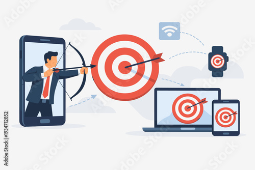 Digital marketing and behavioral retargeting concept showing a businessman aiming an arrow at a target across multiple devices including smartphone, laptop, tablet, and smartwatch for ads.