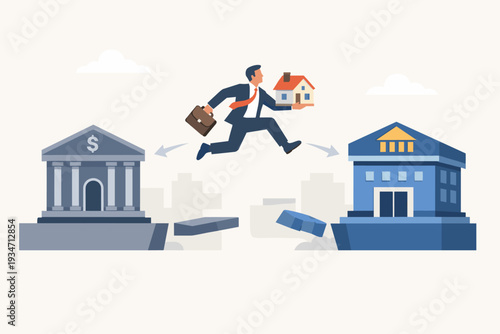 Mortgage refinancing concept with businessman jumping from one bank to another carrying a house model, switching loan providers for better interest rates, debt restructuring and financial savings.