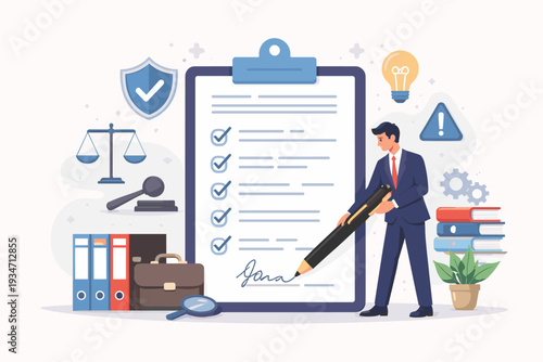 Businessman signing a corporate compliance checklist with rules and regulations, legal policy guidelines, law and justice symbols like scales and gavel, business ethics and contract agreement.