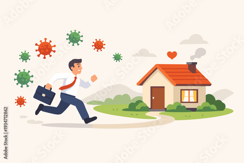 Businessman Running to His House to Escape Coronavirus Outbreak, Concept of Social Distancing and Staying Home for Safety and Protection During COVID-19 Pandemic, Flat Vector Illustration