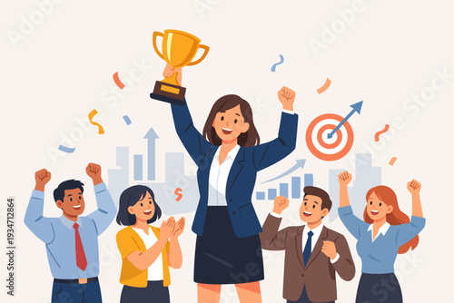 Successful Businesswoman Holding Gold Trophy Celebrating Victory with Team. Female Leader Achieving Goal, Manager Winning Award, Coworkers Cheering, Corporate Success and Leadership Illustration.