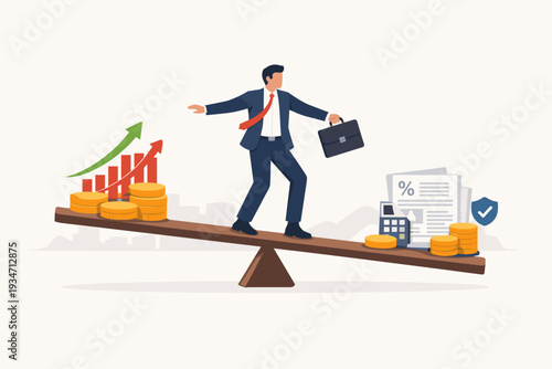 Businessman balancing on a seesaw between growth stocks with rising charts and stable bonds with documents and coins, representing asset allocation, risk management, and investment strategy.