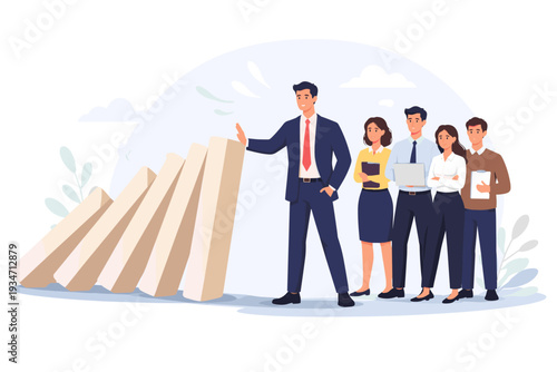 Skillful Business Leader Stopping Falling Domino Effect to Protect His Professional Team, Concept of Reliability, Trustworthy Leadership, Crisis Management, Risk Prevention and Problem Solving.
