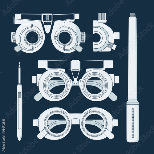 Essential Eye Care Instruments: Precision Eyewear and Diagnostic Tools in Medical Illustration