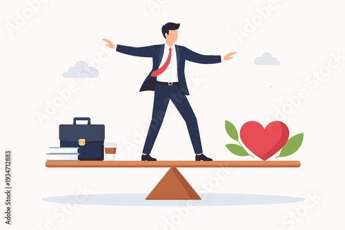 Work Life Balance Concept Illustration with Businessman Balancing on Seesaw Between Career and Personal Health. Professional Man in Suit Managing Stress, Family, and Job Responsibilities Vector.