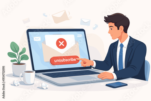 Businessman clicking unsubscribe button on laptop to cancel email subscription and stop marketing newsletters. Vector illustration of digital decluttering, managing inbox spam, and privacy.