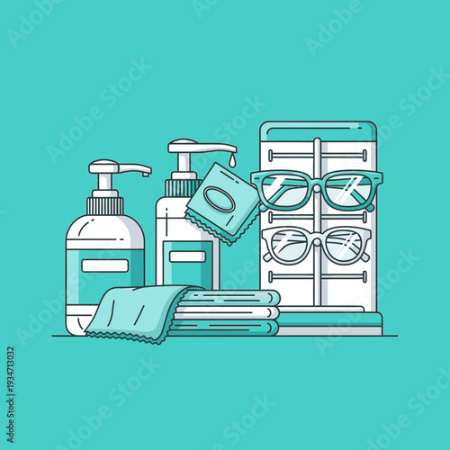Essential Eyewear Maintenance and Hygiene Supplies Depicted in Modern Vector Illustration