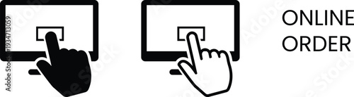 Icon for online order process and e commerce transaction symbol, Line icon for online orders and purchases. Hand clicking on an order button concept. Simple black linear label for mobile applications,