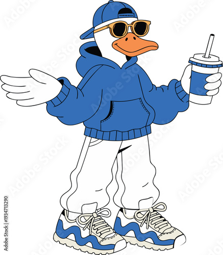 Cool Urban Duck Character in Blue Hoodie and Sneakers - Streetwear Mascot Vector