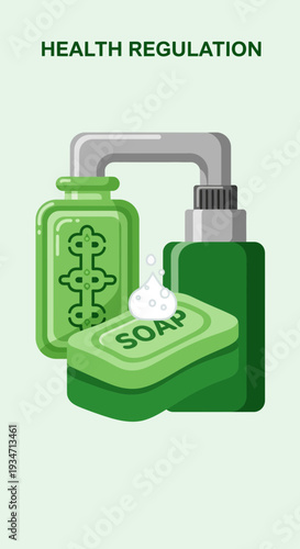 Essential Hygiene Practices and Health Regulation: Soap, Sanitizer, and Cleanliness Vector